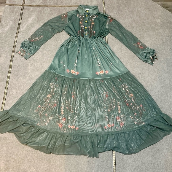 Green Floral Chiffon Maxi Dress  Boho Prairie Long Sleeve Elastic Waist Size: M - Picture 13 of 13